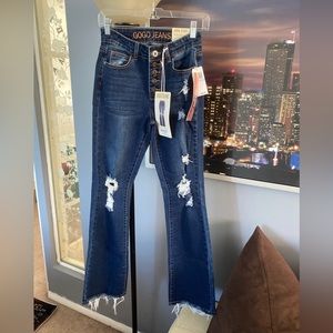 Gogo Jeans High Rise Destructed Jeans Flared Blue Size 5 25 1/2 X 32 Juniors Vtg